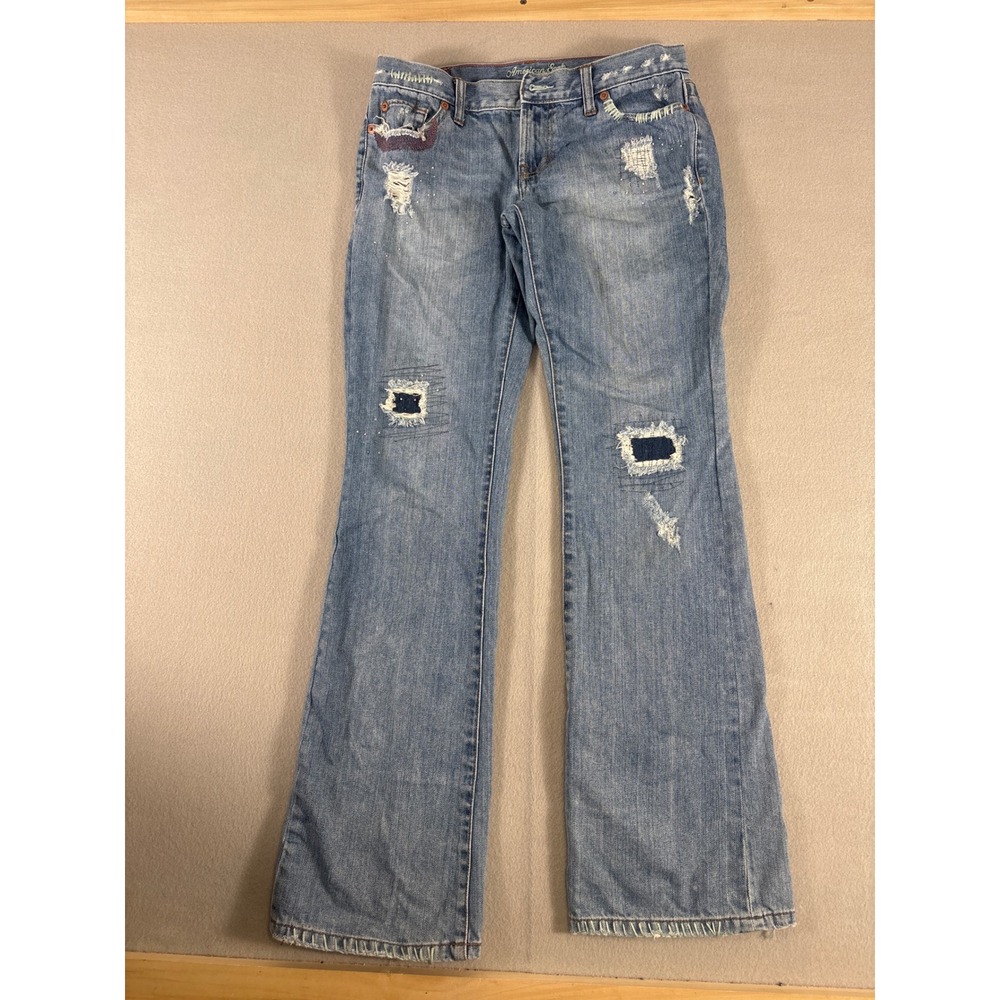 American Eagle‎ Hipster Fit Distressed Patched Flare Jeans Blue Womens 4 Reg